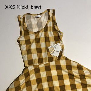 XXS Lularoe Nicki dress, gold plaid